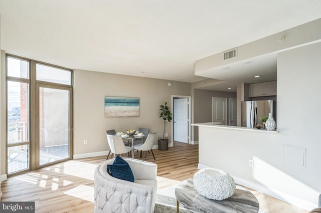 living room featuring light hardwood / wood-style floors and a wall of windows