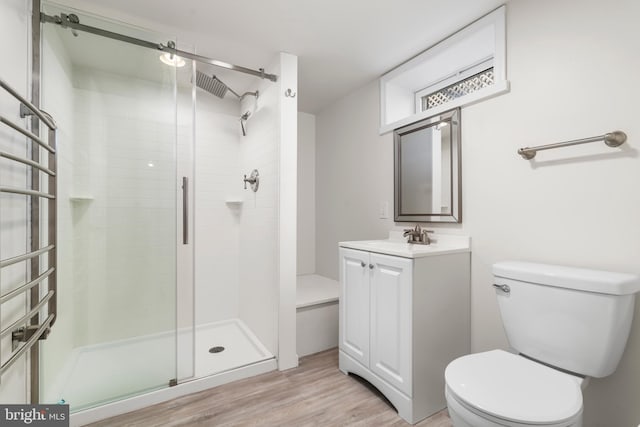 bathroom with vanity, toilet, wood finished floors, and a stall shower