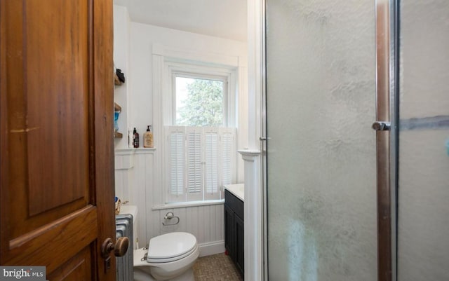 bathroom featuring vanity, toilet, and a shower with door