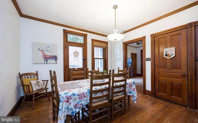 dining space featuring crown molding and dark wood-type flooring