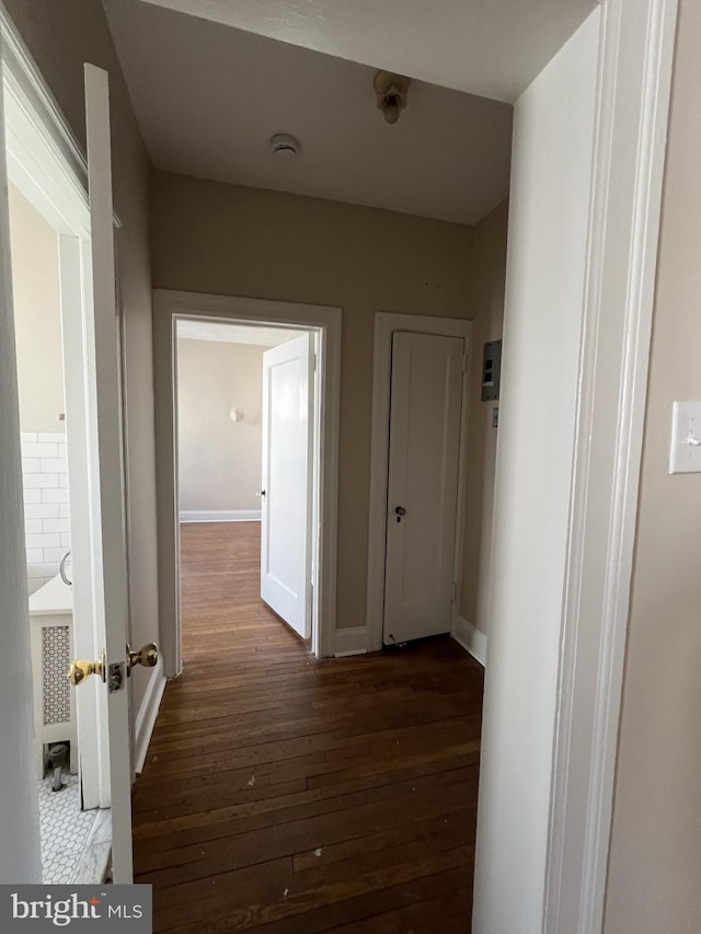 corridor with dark hardwood / wood-style flooring