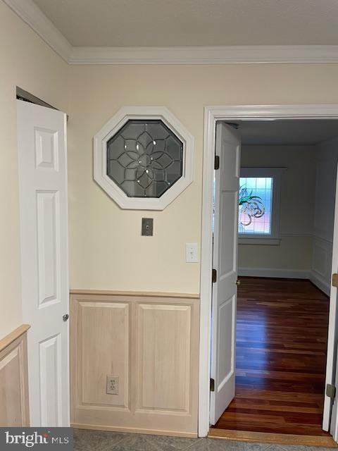 corridor featuring ornamental molding and dark hardwood / wood-style floors