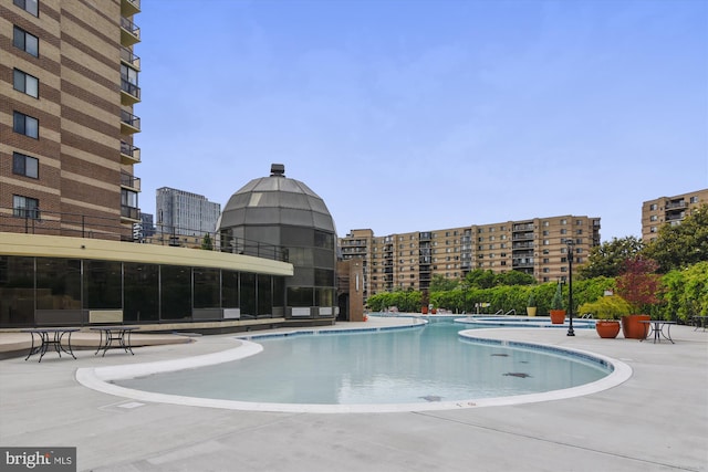 view of swimming pool featuring a patio area