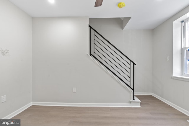 stairs with hardwood / wood-style flooring and ceiling fan