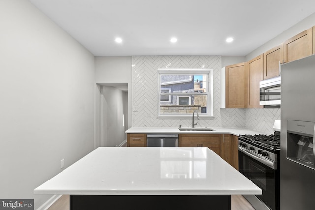 kitchen featuring sink, backsplash, a kitchen island, and appliances with stainless steel finishes