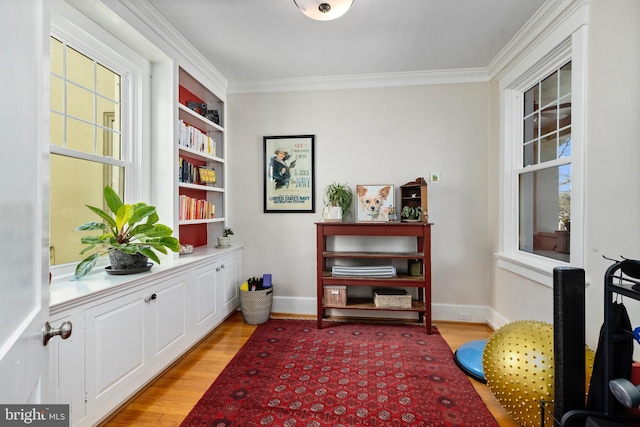 sitting room featuring crown molding, light wood-style flooring, and baseboards