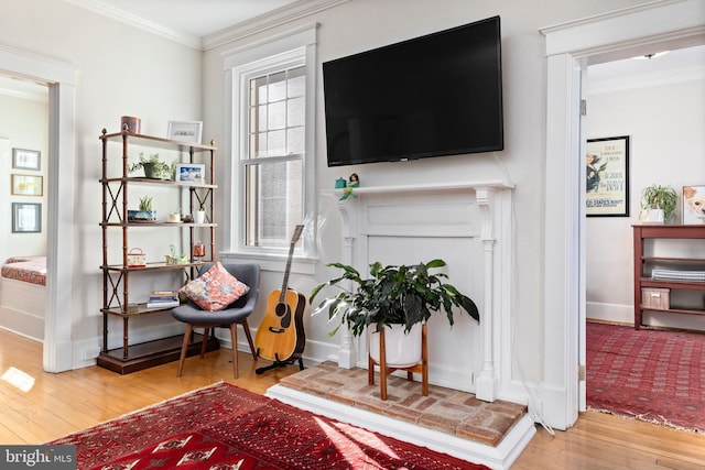 living area featuring ornamental molding, baseboards, and wood finished floors