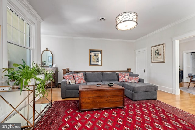 living room with ornamental molding, wood finished floors, visible vents, and baseboards