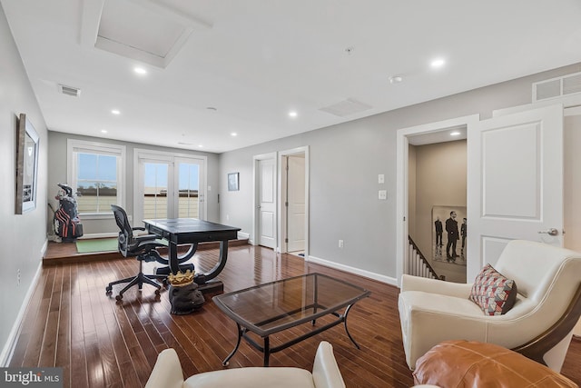 office space featuring dark wood-type flooring