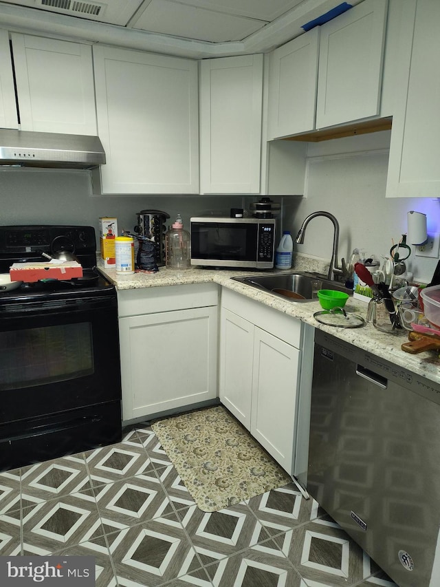 kitchen featuring extractor fan, white cabinetry, sink, dishwashing machine, and electric range