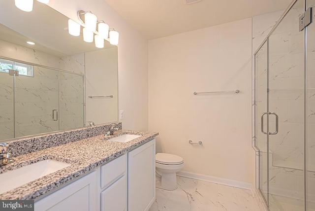 1404 N Chase St, Ocean Pines, MD 21811 - full bathroom with marble finish flooring, toilet, double vanity, a marble finish shower, and recessed lighting