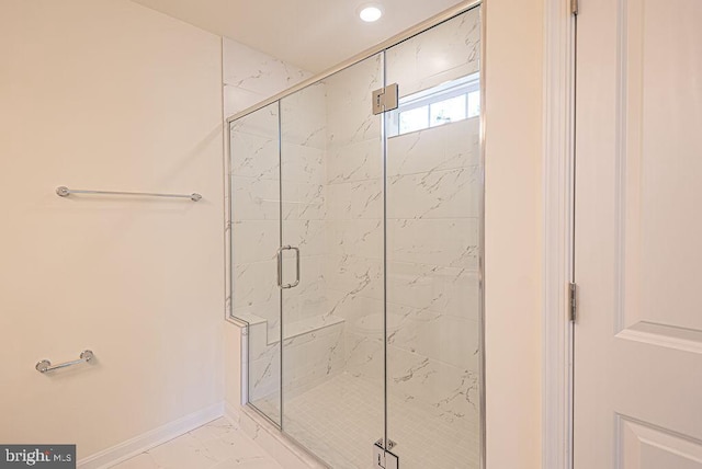 1404 N Chase St, Ocean Pines, MD 21811 - full bath with marble finish floors, a marble finish shower, baseboards, and recessed lighting