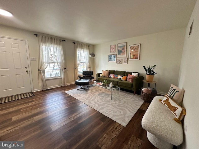 living room featuring dark wood-type flooring