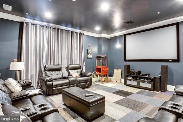 home theater with light colored carpet