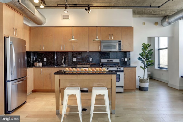 kitchen featuring tasteful backsplash, stainless steel appliances, hanging light fixtures, and light hardwood / wood-style flooring