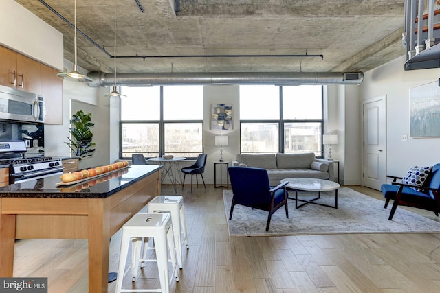 living room featuring a towering ceiling, a healthy amount of sunlight, and light wood-type flooring