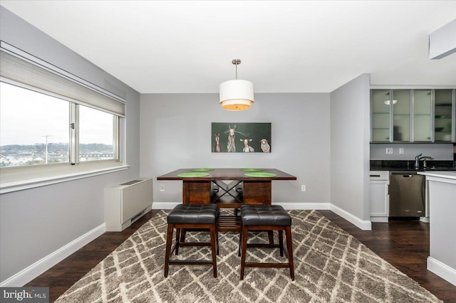 dining space featuring radiator and dark hardwood / wood-style flooring