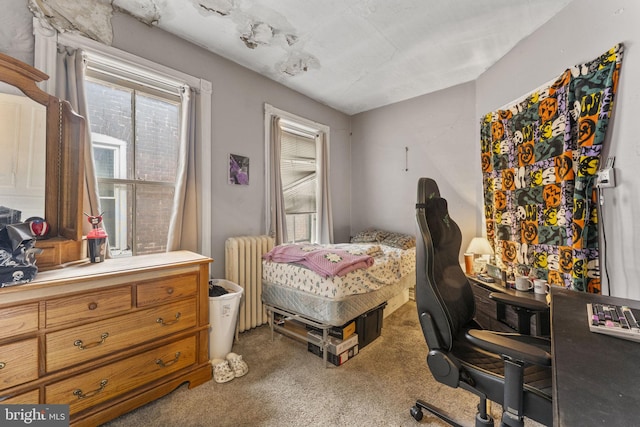 bedroom with radiator and carpet flooring