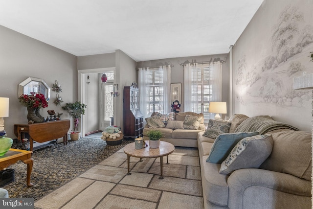 living room with carpet flooring