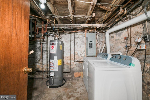 utilities with washing machine and clothes dryer, electric panel, and gas water heater