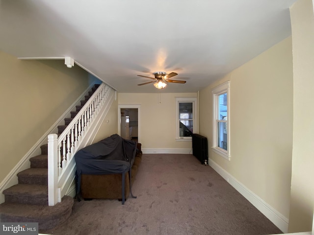 interior space featuring radiator heating unit, ceiling fan, and carpet