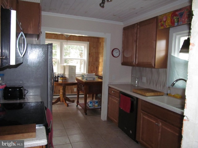 kitchen with range with electric cooktop, dishwasher, a baseboard radiator, sink, and ornamental molding