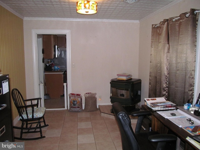 office area with crown molding and light tile patterned floors