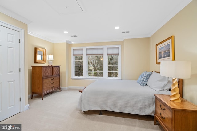 carpeted bedroom featuring crown molding