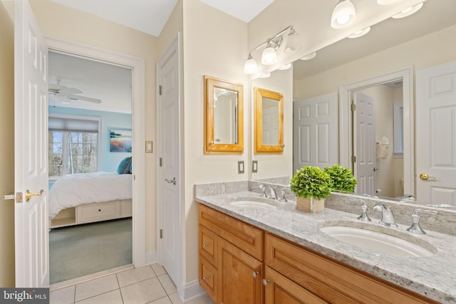 bathroom with tile patterned flooring, vanity, ceiling fan, and toilet