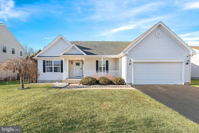 single story home featuring a garage, a front yard, and covered porch