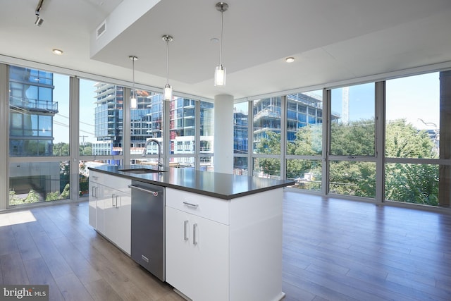 kitchen with white cabinets, expansive windows, hardwood / wood-style flooring, hanging light fixtures, and a kitchen island with sink