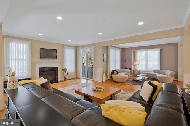 living room featuring ornamental molding, plenty of natural light, and light wood-type flooring