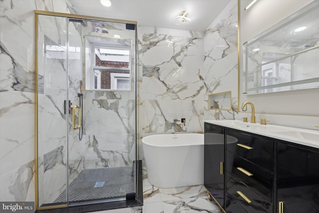 bathroom featuring vanity and plus walk in shower