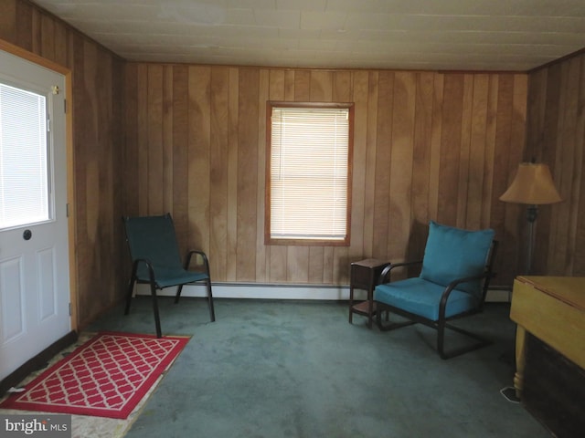 living area featuring a baseboard radiator, carpet floors, and wooden walls