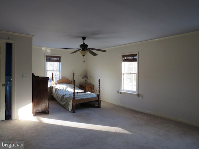 unfurnished bedroom featuring ornamental molding, ceiling fan, and carpet