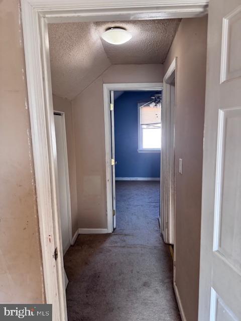 hallway with carpet flooring, vaulted ceiling, and a textured ceiling