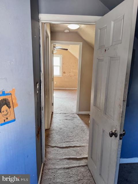 hall featuring lofted ceiling and carpet