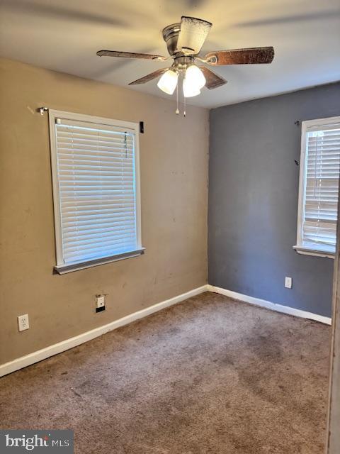 unfurnished room featuring ceiling fan and carpet flooring