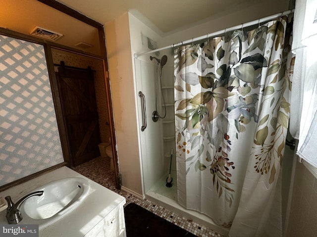 bathroom featuring vanity and curtained shower