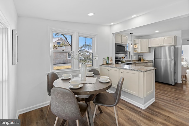 dining space featuring sink and dark hardwood / wood-style flooring