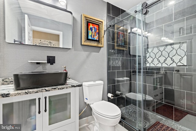 bathroom with vanity, an enclosed shower, and toilet