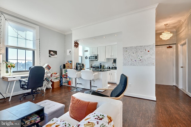 office with ornamental molding, dark hardwood / wood-style flooring, and a notable chandelier