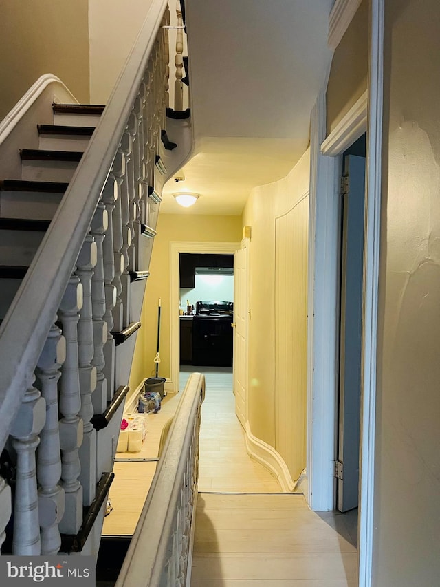 staircase with hardwood / wood-style flooring