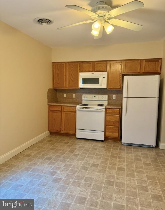 kitchen featuring ceiling fan, white appliances, and backsplash