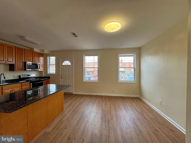 kitchen featuring stainless steel appliances, sink, light wood-type flooring, and dark stone countertops