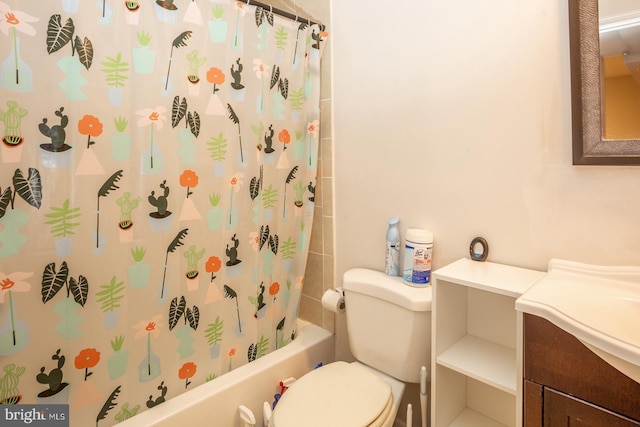 full bathroom with vanity, toilet, and shower / bathtub combination with curtain