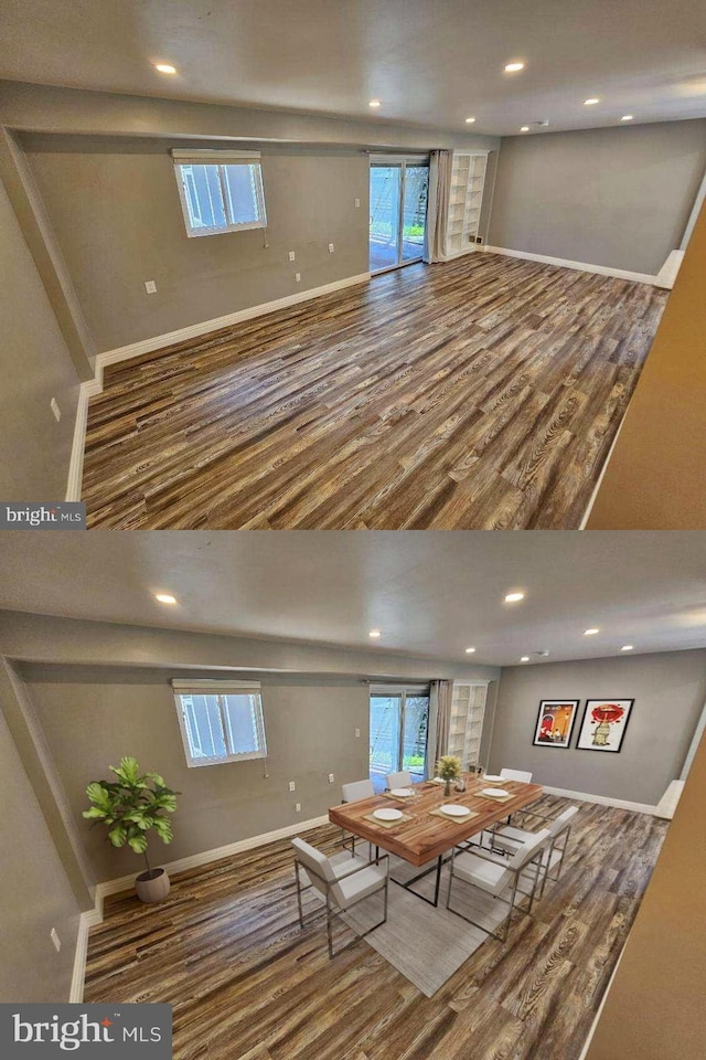 interior space featuring recessed lighting, a wealth of natural light, baseboards, and wood finished floors