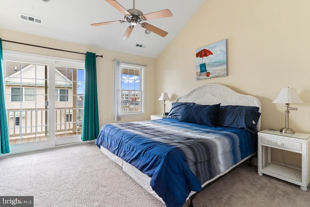 carpeted bedroom with access to outside, ceiling fan, and vaulted ceiling