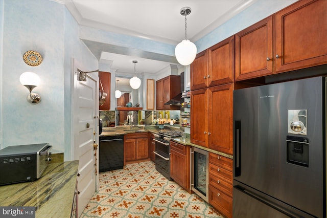 kitchen with hanging light fixtures, crown molding, beverage cooler, and appliances with stainless steel finishes