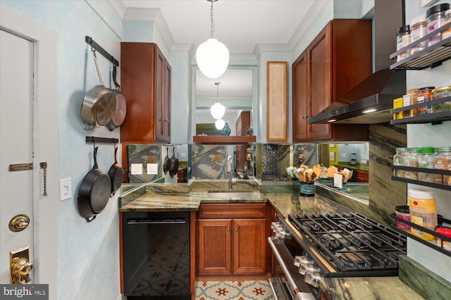 kitchen with stainless steel gas range, sink, hanging light fixtures, black dishwasher, and wall chimney range hood